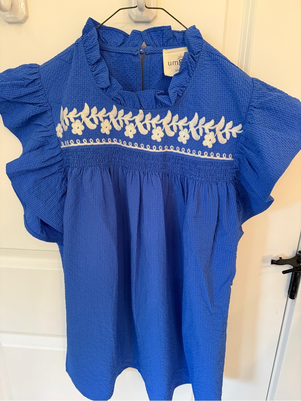 Umgee Royal Blue Embroidered Ruffle Sleeve Top, Size L - never worn! Like new!